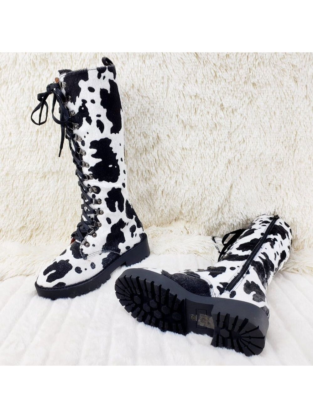 Savage Cow Combat Lace Up Knee Boots Faux Cow Print Brand New - Picture 7 of 16